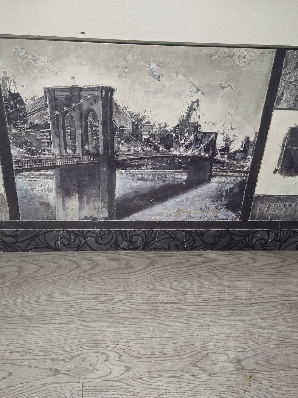 Monochrome Brooklyn Bridge Cityscape Wall Art - Gray and Black